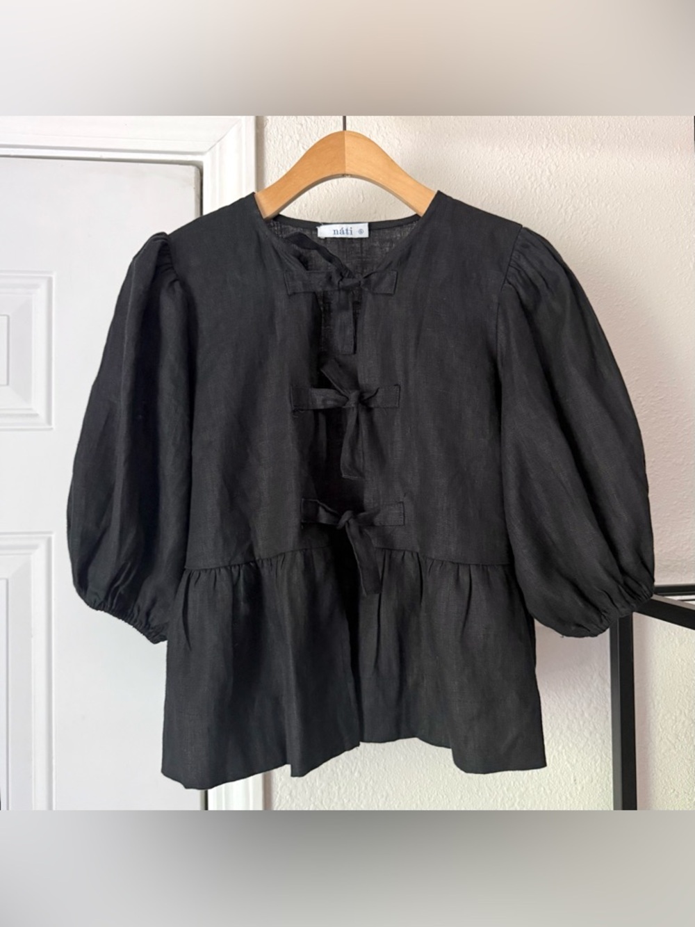 NATI black linen puff short sleeve tie front cropped blouse shirt top